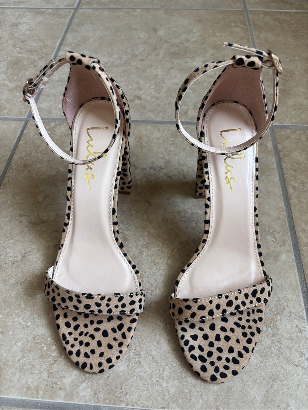 Lulu's Leopard-Spot Ankle-Strap Block Heels in Tan and Black